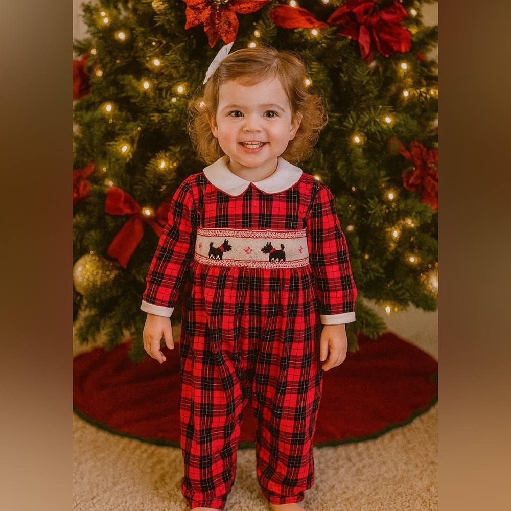 Vintage Carriage Boutique Friedknit Christmas Plaid Scotty dog Smocked Romper 24